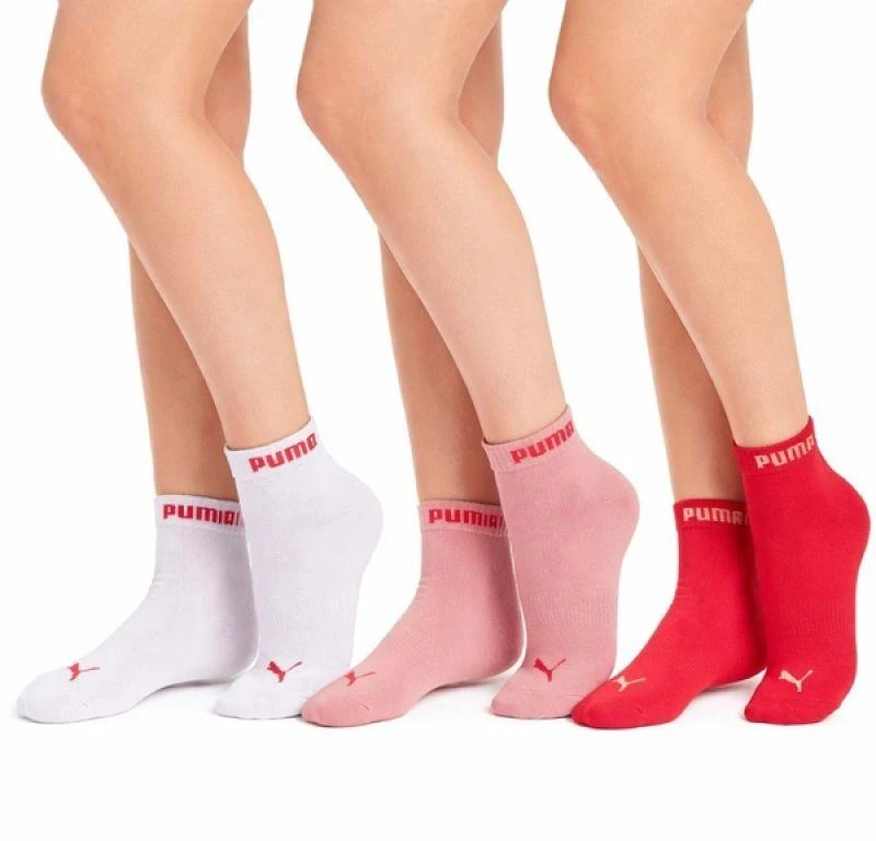Puma moteriškos trumpos kojinės, 3 poros, medvilninės, rožinės/raudonos/baltos