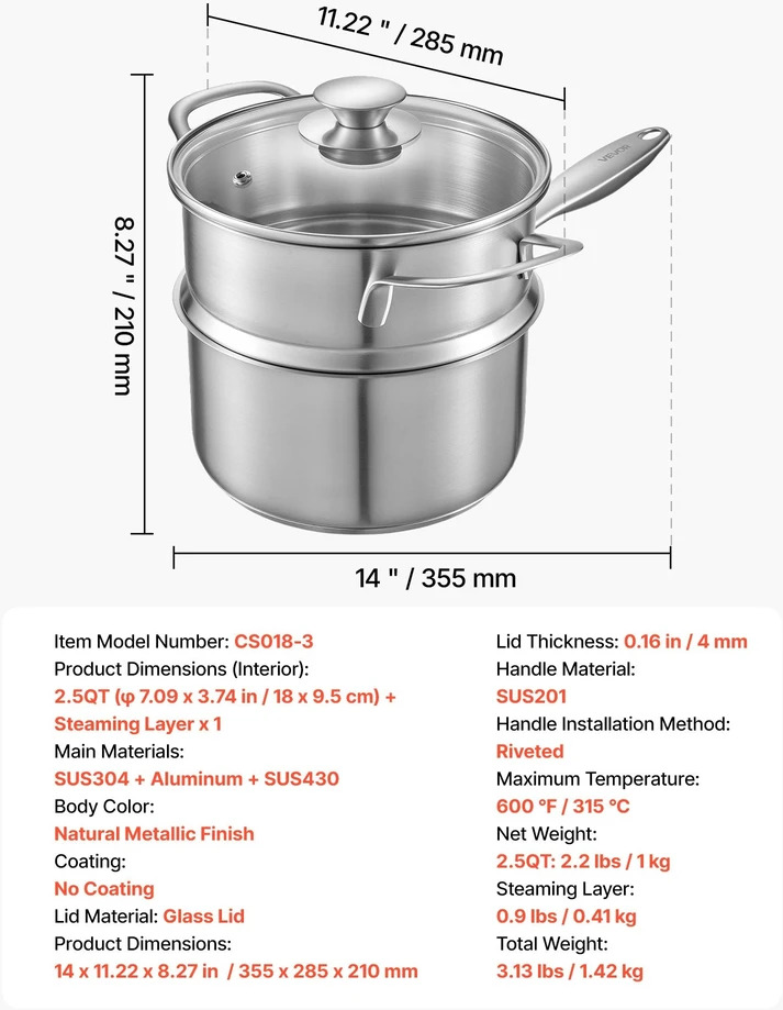 VEVOR 2.5 l puodas su garintuvu