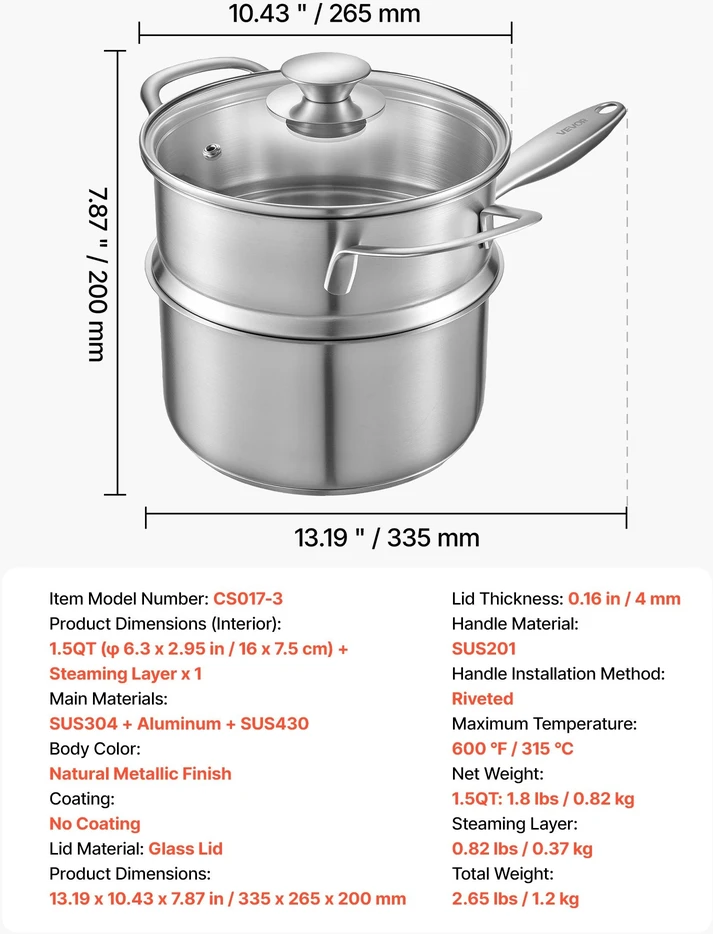 VEVOR 1,5 l nerūdijančio plieno puodas su garintuvu