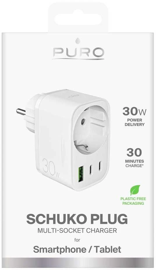 Puro 30 W maitinimo įkroviklis su Schuko kištuku ir lizdu, 2x USB-C + 1x USB-A - Baltas