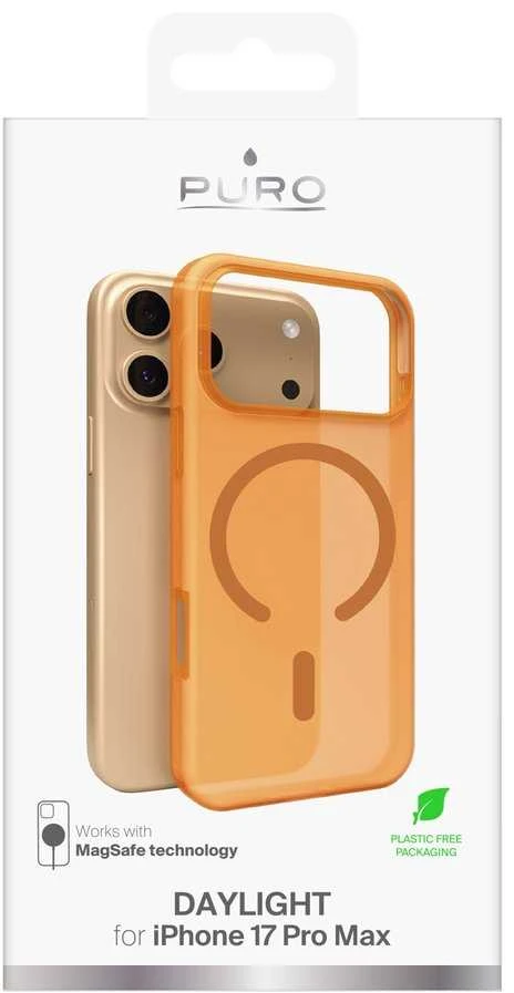 Puro „Daylight Magsafe“ suderinamas silikoninis dėklas, skirtas „iPhone 17 Pro Max“ – permatomos oranžinės spalvos