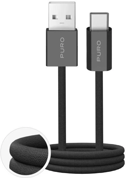 Puro Fabrik 2.0 10W USB-A - USB-C Braided Kabelis 1.5m - juodos spalvos