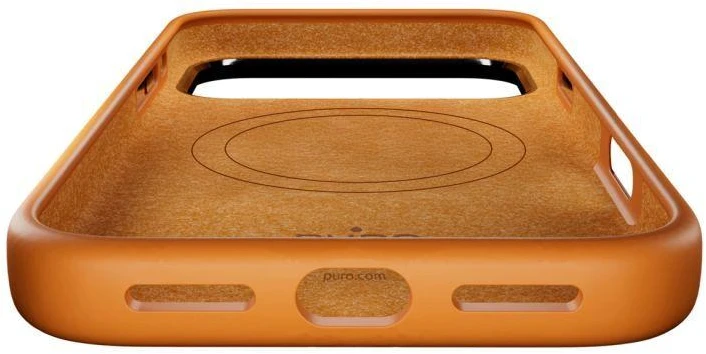 Puro Icon Mag Pro dėklas iš skysto silikono, skirtas iPhone 17 Pro Max, suderinamas su MagSafe, su kameros apsauga ir aliumininiais mygtukais – Oranžinė