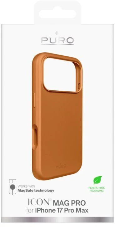 Puro Icon Mag Pro dėklas iš skysto silikono, skirtas iPhone 17 Pro Max, suderinamas su MagSafe, su kameros apsauga ir aliumininiais mygtukais – Oranžinė
