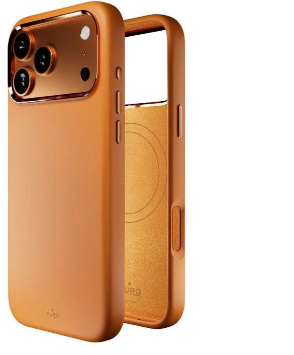 Puro Icon Mag Pro dėklas iš skysto silikono, skirtas iPhone 17 Pro Max, suderinamas su MagSafe, su kameros apsauga ir aliumininiais mygtukais – Oranžinė