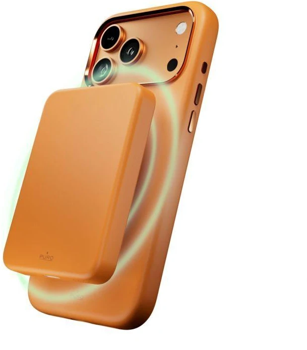 Puro Icon Mag Pro dėklas iš skysto silikono, skirtas iPhone 17 Pro Max, suderinamas su MagSafe, su kameros apsauga ir aliumininiais mygtukais – Oranžinė
