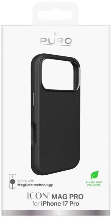 Puro Pure Icon Mag Pro Liquid Silicone dėklas skirtas Apple iPhone 17 Pro, MagSafe Compatible, with Camera Protection and Aluminum Mygtukai – juodos spalvos