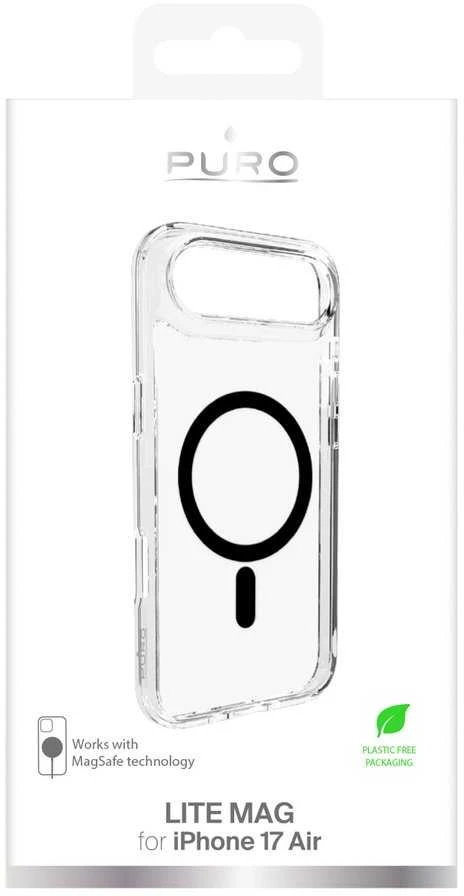 Puro „Lite Mag TPU + PC“ dėklas, suderinamas su „MagSafe“, skirtas „iPhone 17 Air“ – skaidrus su juodu žiedu