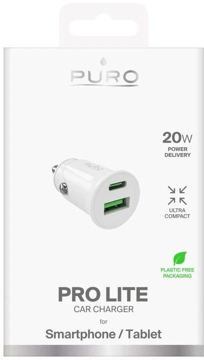 Puro Pro Lite Automobilinis įkroviklis 1x USB-A + 1x USB-C Power Delivery 20W - Baltas