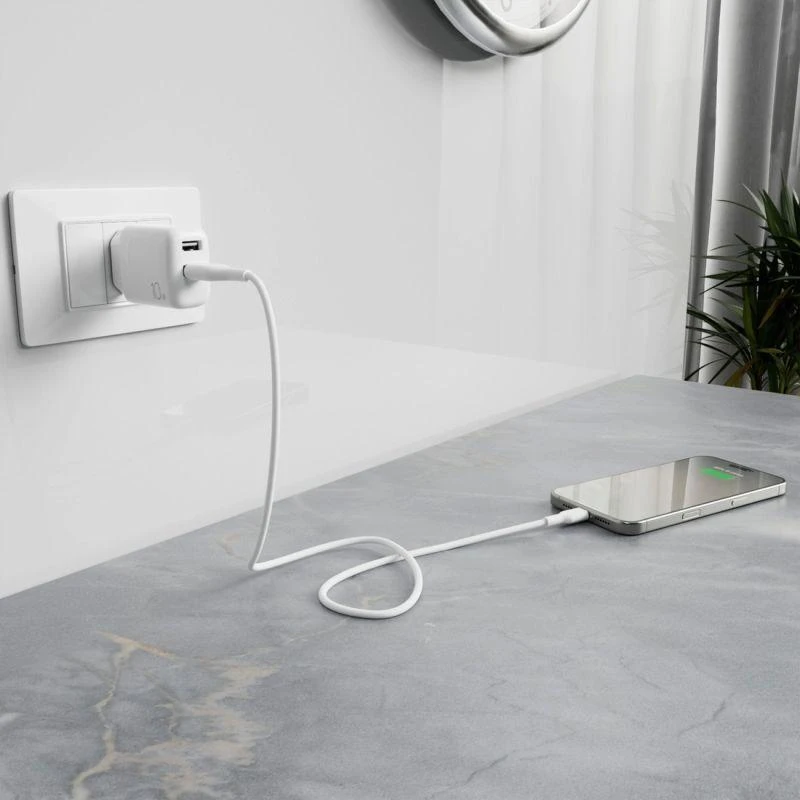 Puro PROLITE 10W 2x USB-A sieninis įkroviklis + USB-A – USB-C kabelis 1.2m – baltos spalvos