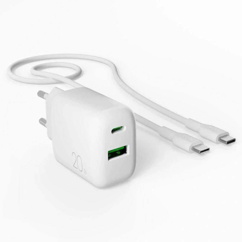 Puro PROLITE 20W USB-A / USB-C sieninis įkroviklis + USB-C – USB-C laidas 1,2 m – baltos spalvos