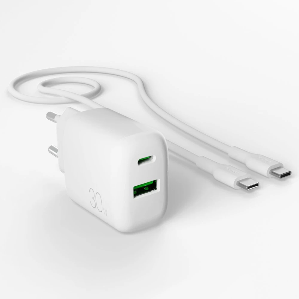 Puro PROLITE 30 W sieninis įkroviklis su USB-A ir USB-C jungtimis, baltas