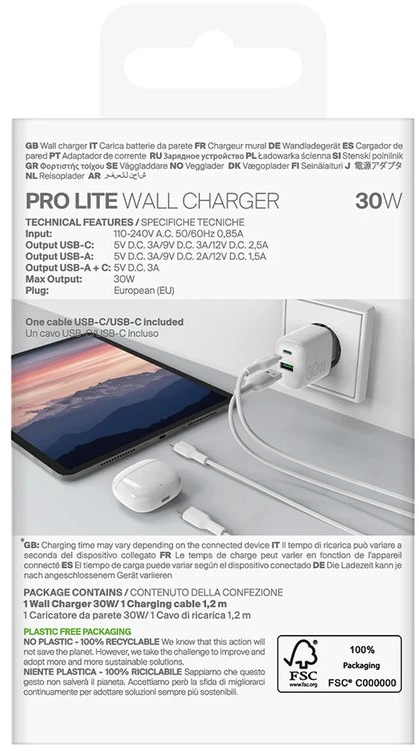 Puro PROLITE 30 W sieninis įkroviklis su USB-A ir USB-C jungtimis, baltas