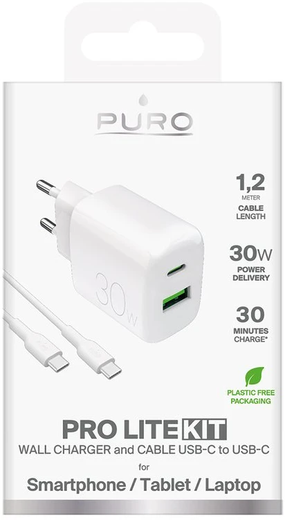 Puro PROLITE 30 W sieninis įkroviklis su USB-A ir USB-C jungtimis, baltas