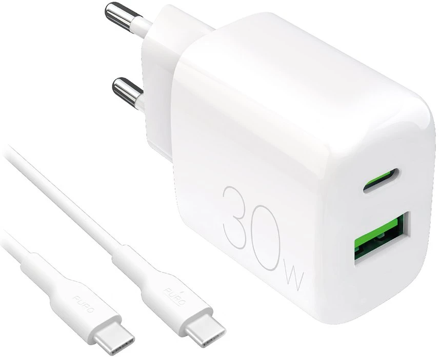 Puro PROLITE 30 W sieninis įkroviklis su USB-A ir USB-C jungtimis, baltas