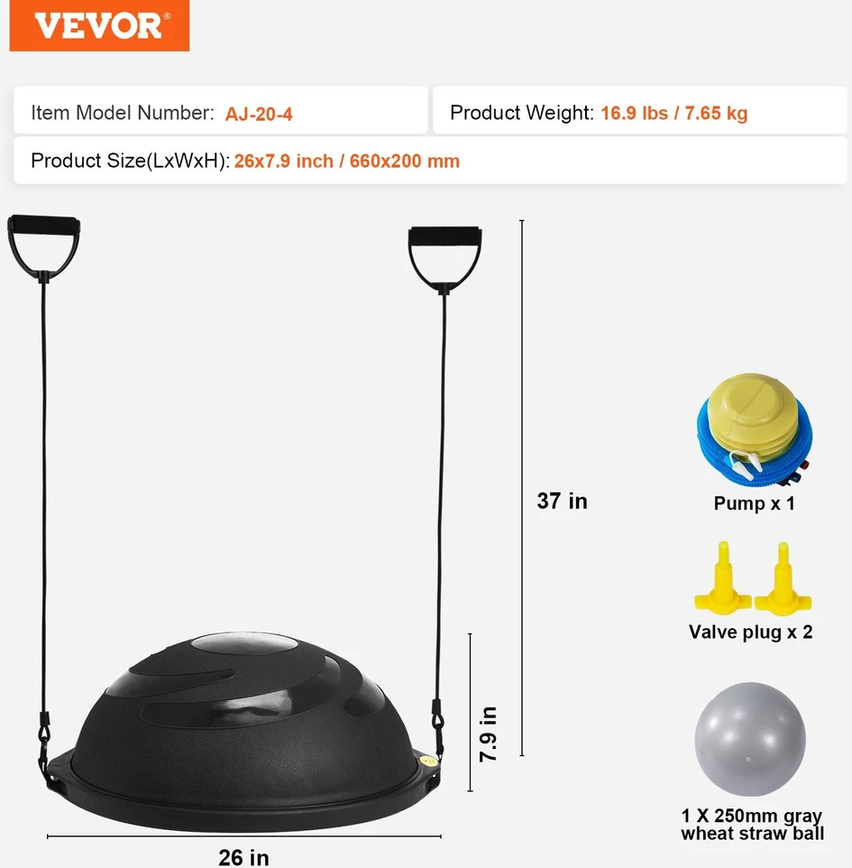 Vevor 66 cm pusiau rutulio formos treniruočių kamuolys su juostomis