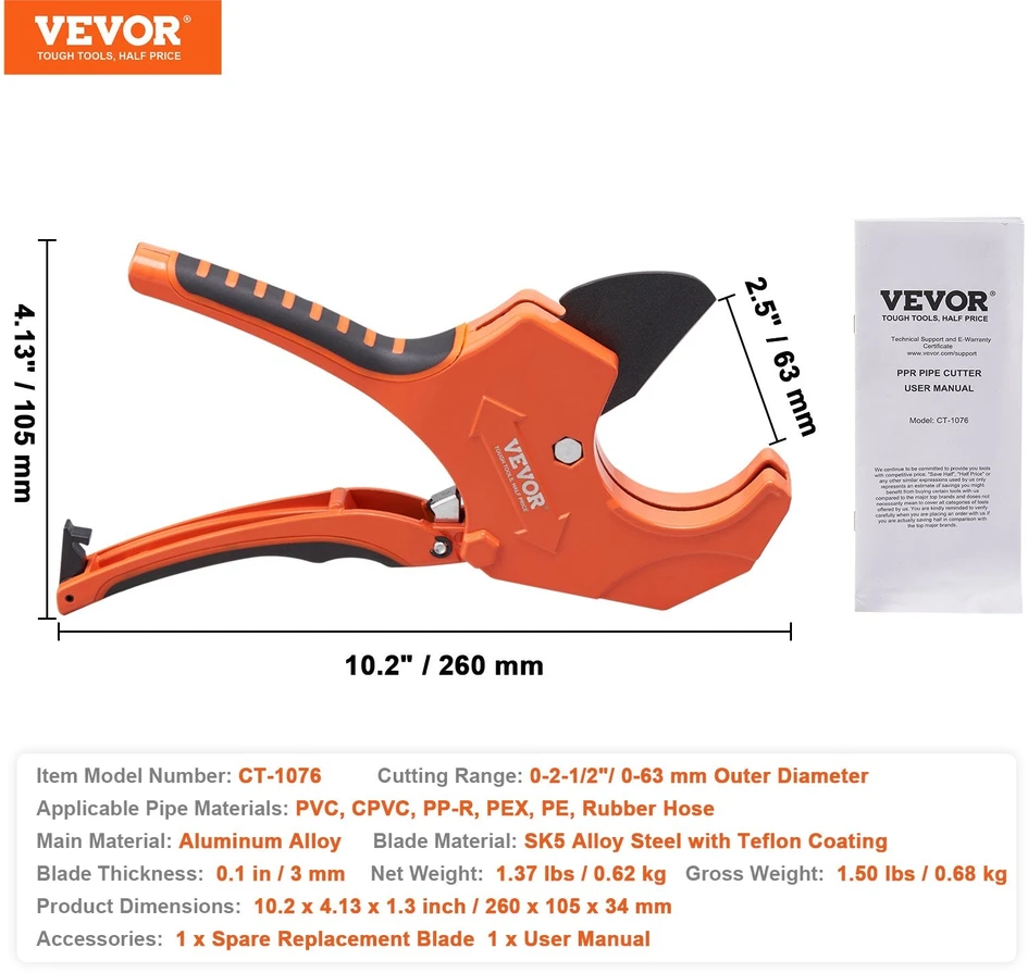 VEVOR pvc vamzdžių pjovimo įrankis 0-63 mm