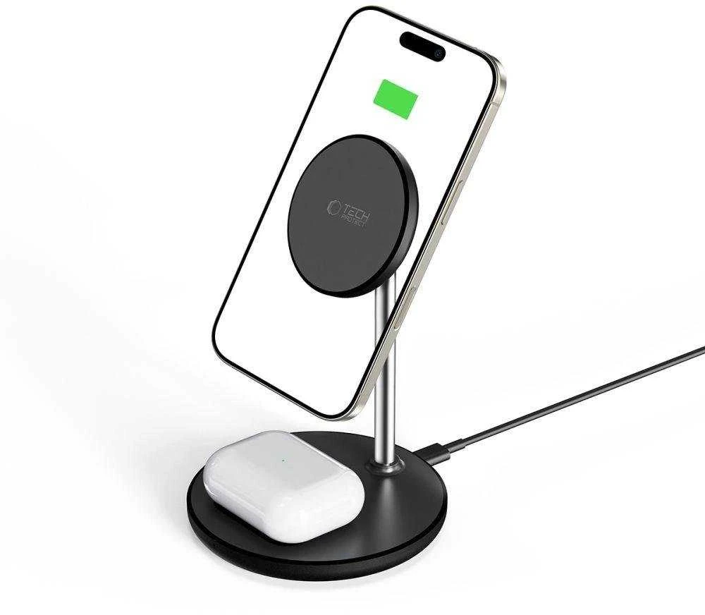 Įkrovimo stotelė Tech-Protect QI15W-A39 2in1 MagSafe – juodos spalvos