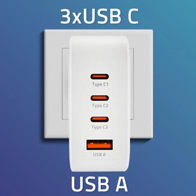 Adapteris Įkroviklis tinklo 140w gan 5-20v 2.5-5a 3 x usb-c pd 1 usb qc 3.0 baltas Qoltec
