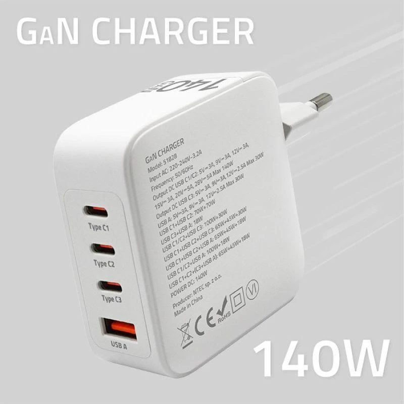 Adapteris Įkroviklis tinklo 140w gan 5-20v 2.5-5a 3 x usb-c pd 1 usb qc 3.0 baltas Qoltec