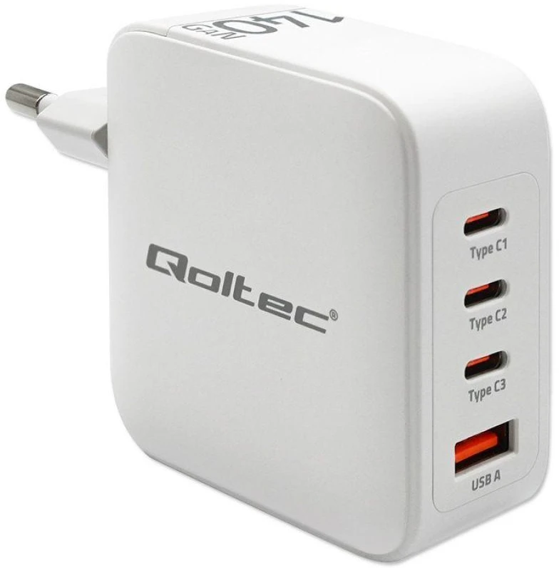 Adapteris Įkroviklis tinklo 140w gan 5-20v 2.5-5a 3 x usb-c pd 1 usb qc 3.0 baltas Qoltec