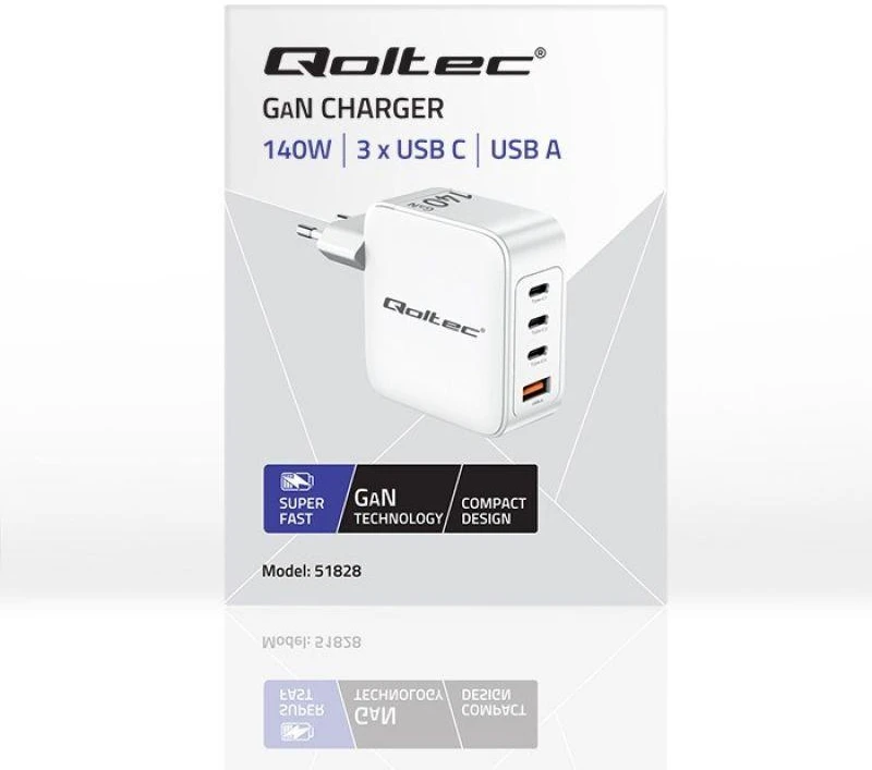 Adapteris Įkroviklis tinklo 140w gan 5-20v 2.5-5a 3 x usb-c pd 1 usb qc 3.0 baltas Qoltec