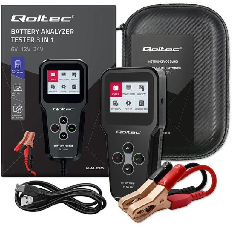 „Qoltec“ skaitmeninis akumuliatorių testeris 3in1 su LCD ekranu | Angliškas meniu | 6V | 12V | 24V | 10Ah–200Ah