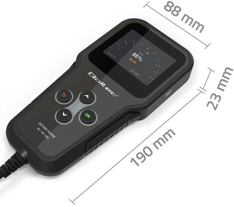 „Qoltec“ skaitmeninis akumuliatorių testeris 3in1 su LCD ekranu | Angliškas meniu | 6V | 12V | 24V | 10Ah–200Ah