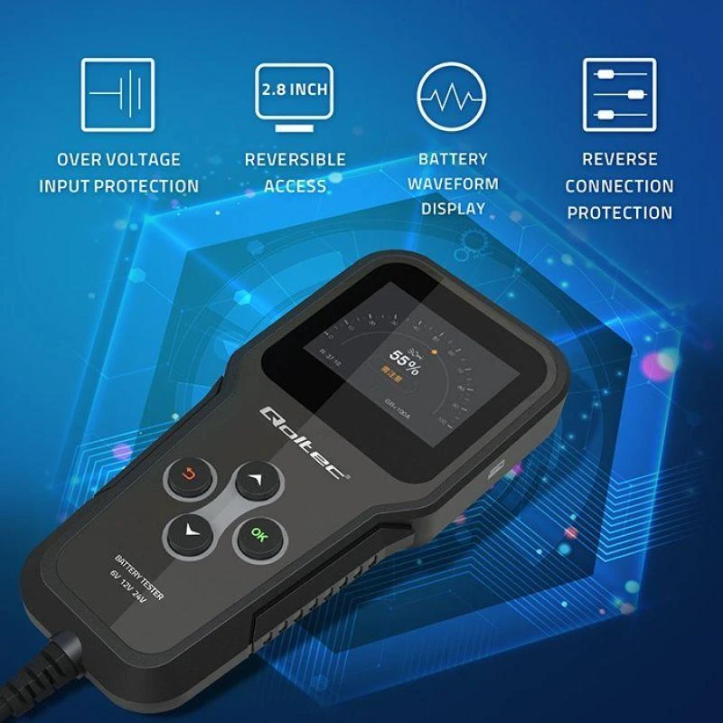 „Qoltec“ skaitmeninis akumuliatorių testeris 3in1 su LCD ekranu | Angliškas meniu | 6V | 12V | 24V | 10Ah–200Ah