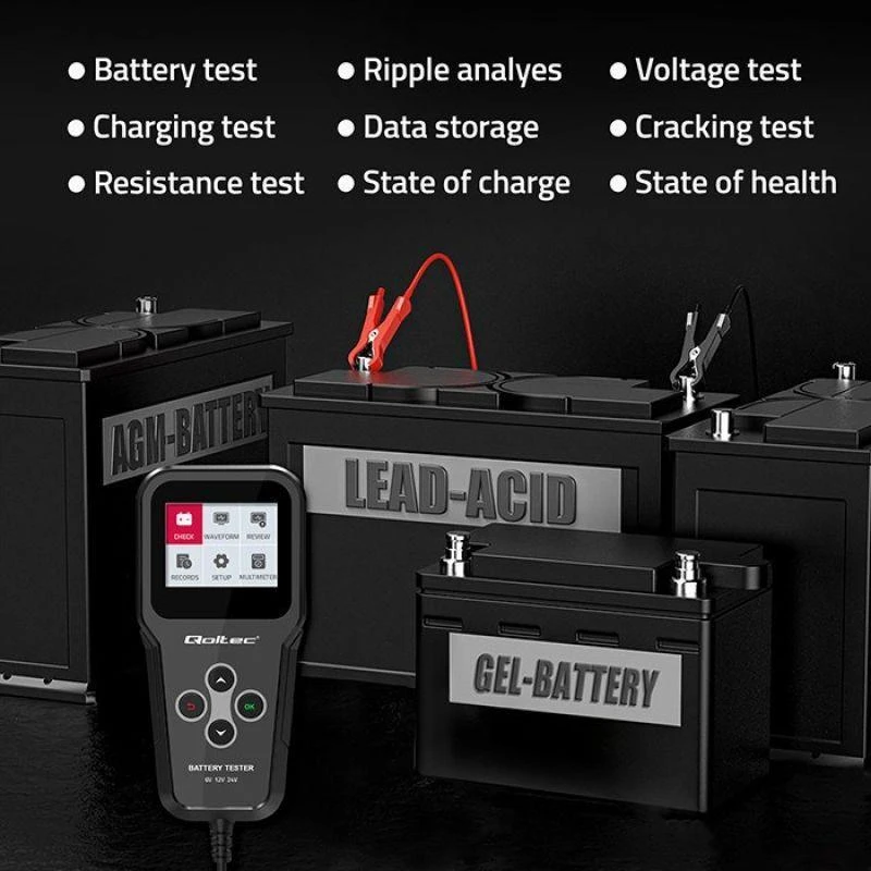 „Qoltec“ skaitmeninis akumuliatorių testeris 3in1 su LCD ekranu | Angliškas meniu | 6V | 12V | 24V | 10Ah–200Ah