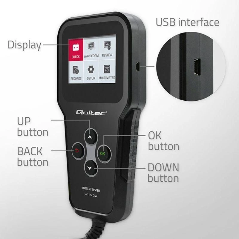 „Qoltec“ skaitmeninis akumuliatorių testeris 3in1 su LCD ekranu | Angliškas meniu | 6V | 12V | 24V | 10Ah–200Ah