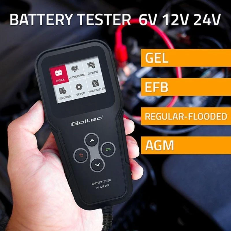„Qoltec“ skaitmeninis akumuliatorių testeris 3in1 su LCD ekranu | Angliškas meniu | 6V | 12V | 24V | 10Ah–200Ah