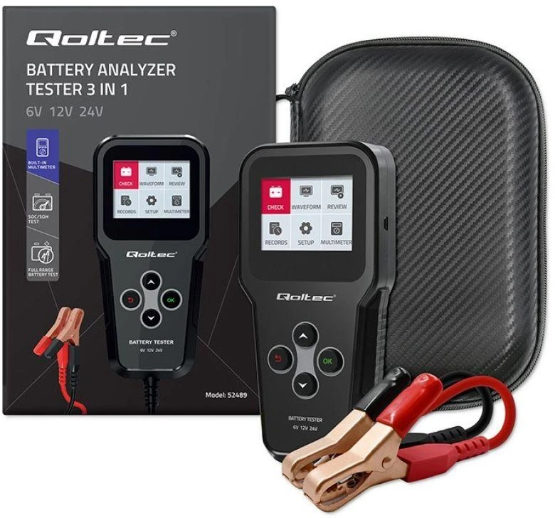 „Qoltec“ skaitmeninis akumuliatorių testeris 3in1 su LCD ekranu | Angliškas meniu | 6V | 12V | 24V | 10Ah–200Ah