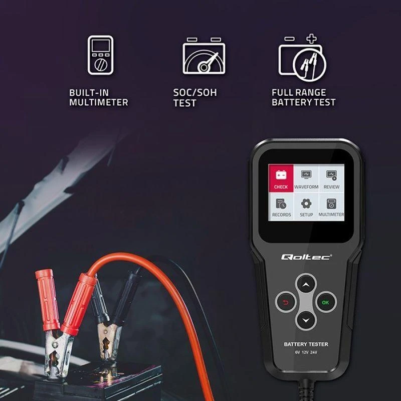 „Qoltec“ skaitmeninis akumuliatorių testeris 3in1 su LCD ekranu | Angliškas meniu | 6V | 12V | 24V | 10Ah–200Ah