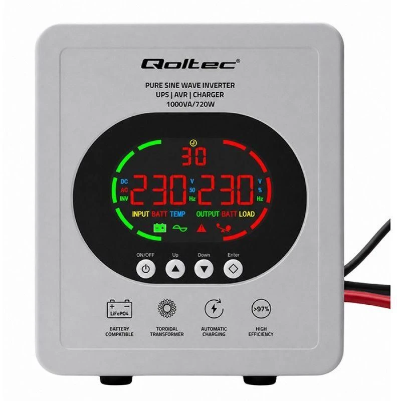 Qoltec 50451 Gryno sinusoidinio signalo UPS | 1000 VA / 720 W | 12/230 V inverteris su AVR | LCD | LiFePO4 AGM GEL