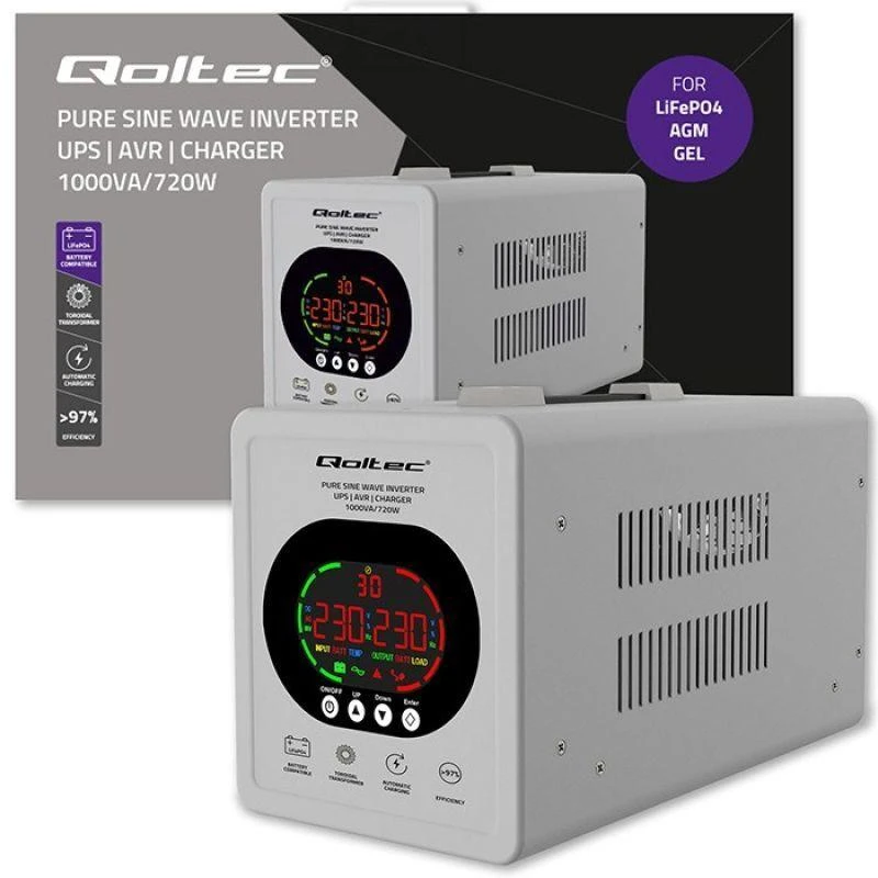 Qoltec 50451 Gryno sinusoidinio signalo UPS | 1000 VA / 720 W | 12/230 V inverteris su AVR | LCD | LiFePO4 AGM GEL