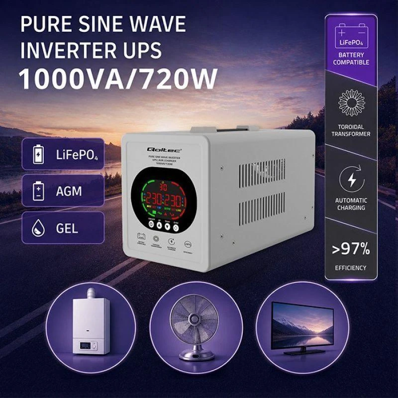 Qoltec 50451 Gryno sinusoidinio signalo UPS | 1000 VA / 720 W | 12/230 V inverteris su AVR | LCD | LiFePO4 AGM GEL