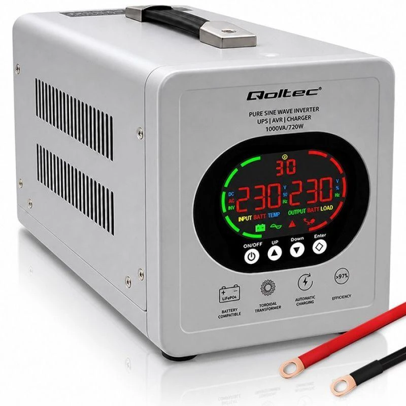 Qoltec 50451 Gryno sinusoidinio signalo UPS | 1000 VA / 720 W | 12/230 V inverteris su AVR | LCD | LiFePO4 AGM GEL