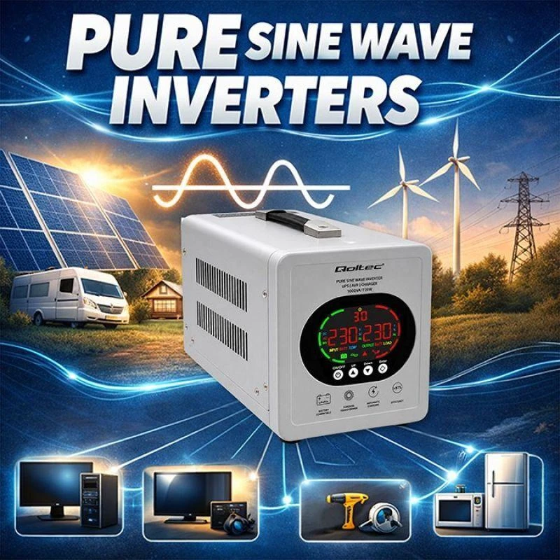 Qoltec 50451 Gryno sinusoidinio signalo UPS | 1000 VA / 720 W | 12/230 V inverteris su AVR | LCD | LiFePO4 AGM GEL