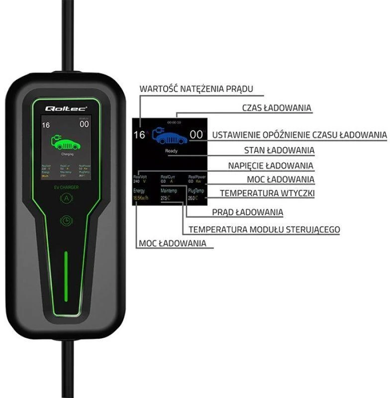 „Qoltec 2in1 Type2“ | 11 kW | 3 fazės | CEE 5 kontaktų | LCD | Nešiojamas | Sieninis įkroviklis | 5 m