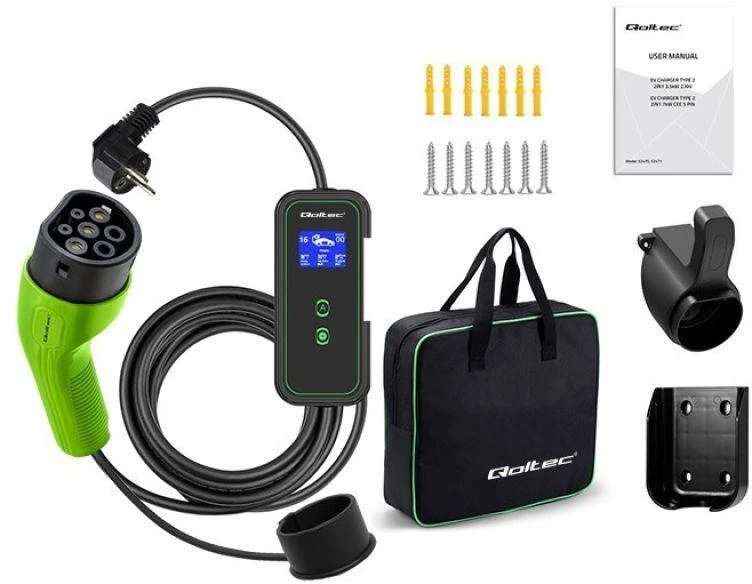 Qoltec Mobilna kroviklis automobiliui elektrinis EV su 2in1 reguliavimas Type2 | 3,5 kW | 230V | Wifi | LCD | Nešiojamas | Wallbox | 5 m