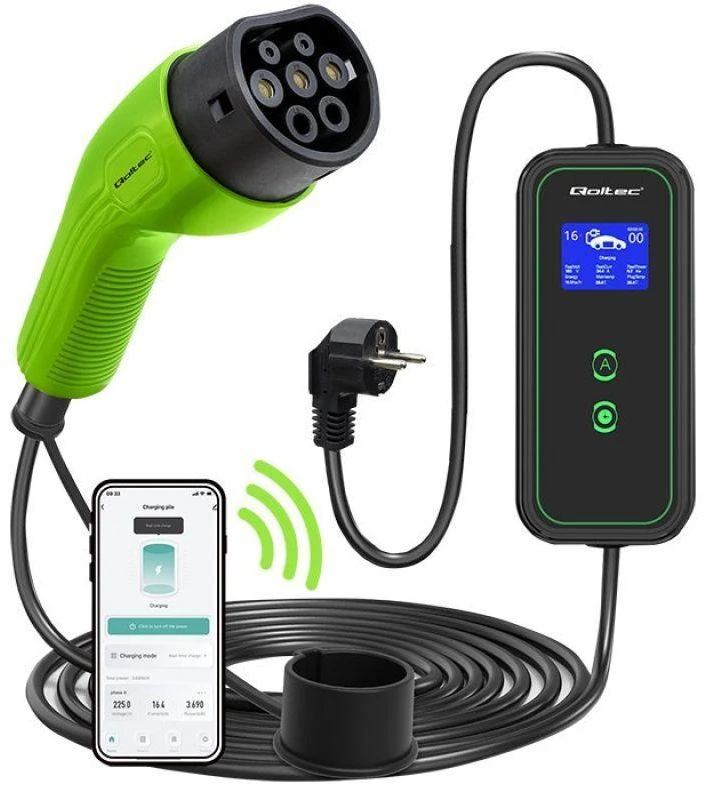 Qoltec Mobilna kroviklis automobiliui elektrinis EV su 2in1 reguliavimas Type2 | 3,5 kW | 230V | Wifi | LCD | Nešiojamas | Wallbox | 5 m