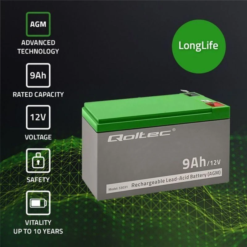 QOLTEC 53031 gelio baterija 12V 9Ah max.90A AGM