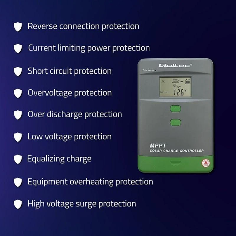 „Qoltec MPPT“ saulės įkrovimo valdiklis su temperatūros jutikliu 60A | 12V / 24V | LCD | „Bluetooth“ | programėlė | gelis | LiFePO4