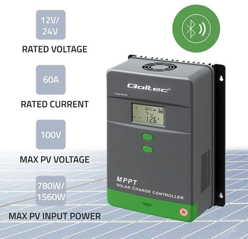 „Qoltec MPPT“ saulės įkrovimo valdiklis su temperatūros jutikliu 60A | 12V / 24V | LCD | „Bluetooth“ | programėlė | gelis | LiFePO4