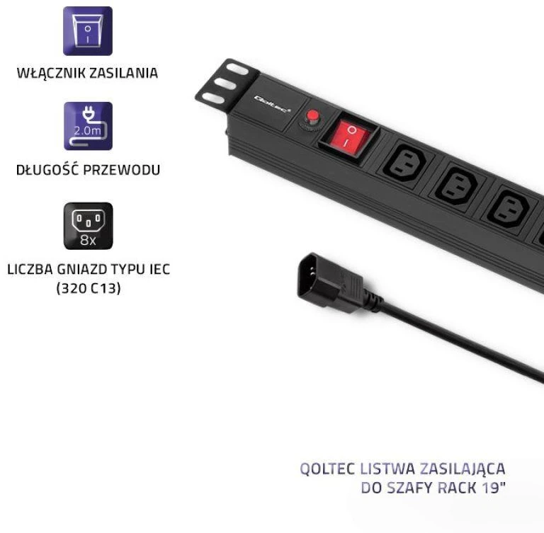 QOLTEC 53998 Apsauga nuo viršįtampių Qoltec skirta RACK 19 1U 10A PDU 8xIEC C13 2m