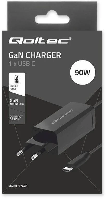 „Qoltec 52420“ 90 W „GaN“ itin greitas įkroviklis | 5–20 V | 3–4,5 A | USB-C 3.1