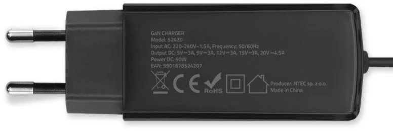 „Qoltec 52420“ 90 W „GaN“ itin greitas įkroviklis | 5–20 V | 3–4,5 A | USB-C 3.1