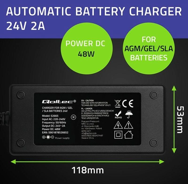 Qoltec 52665 automatinis AGM GEL STD akumuliatorių įkroviklis | 24 V įkroviklis | 2 A | 48 W | LED | 1,8 m laidas
