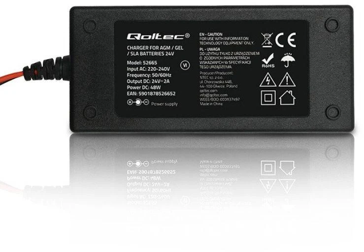 Qoltec 52665 automatinis AGM GEL STD akumuliatorių įkroviklis | 24 V įkroviklis | 2 A | 48 W | LED | 1,8 m laidas